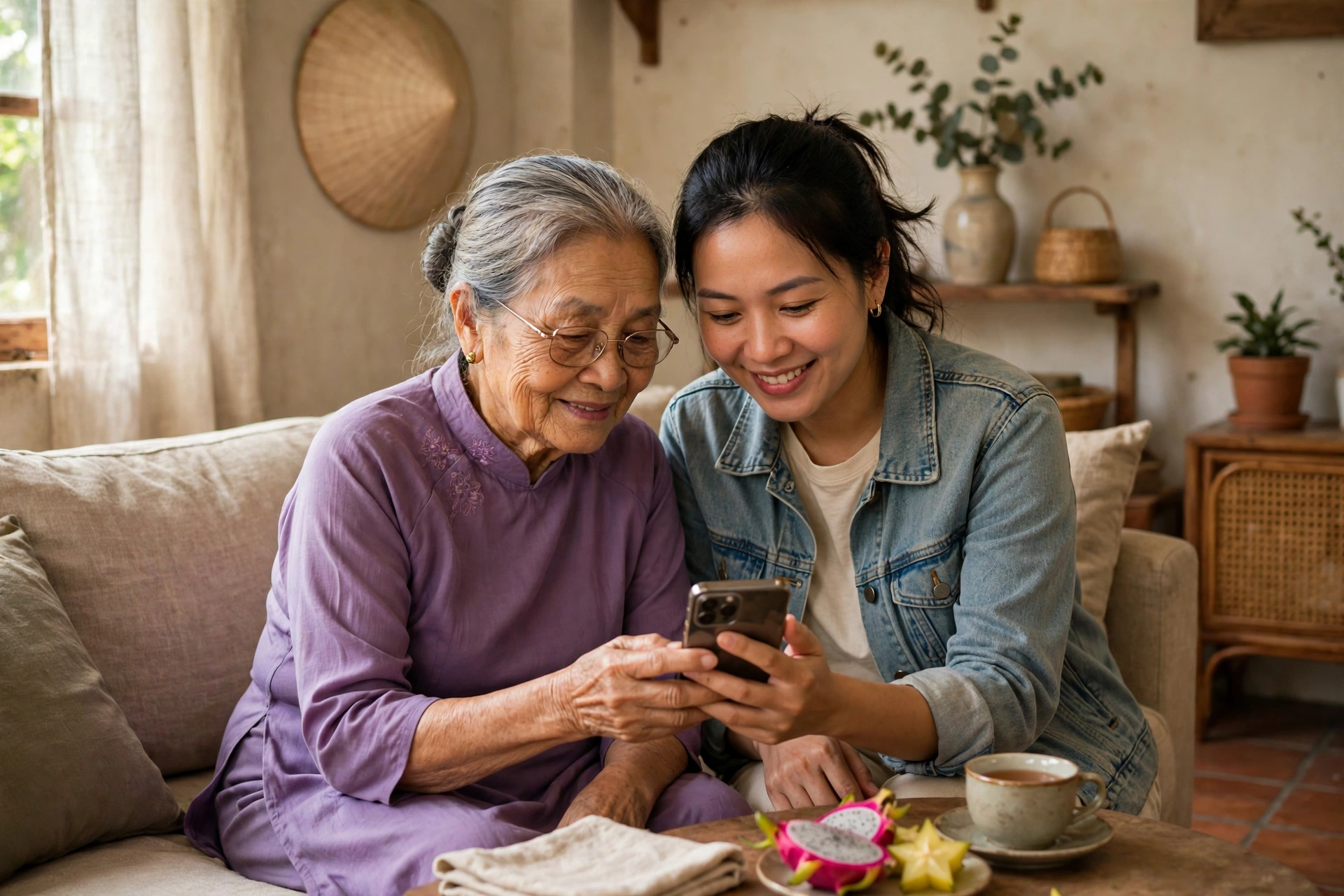 A daughter reviewing health trends together with her mother at home
